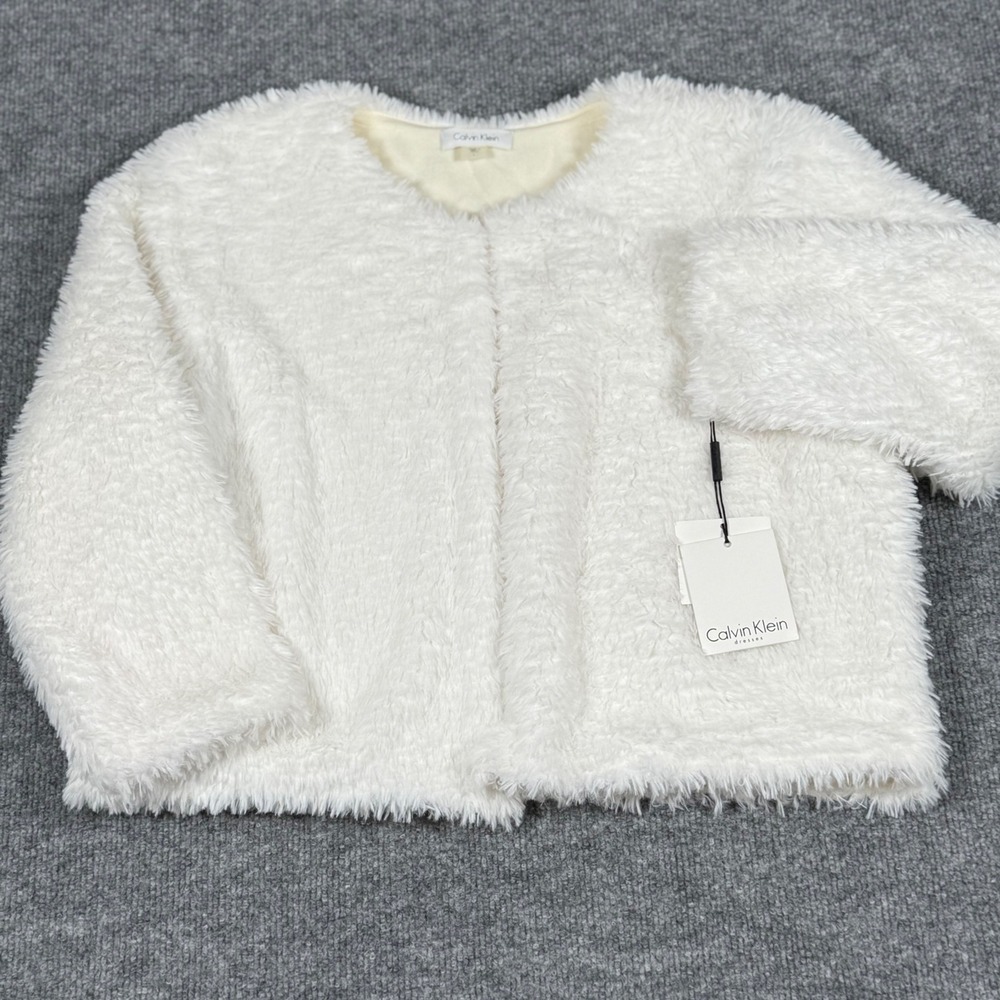 Calvin Klein Large White Faux‎ Fur Cardigan Sweater Shrug Bolero Jacket Weddings